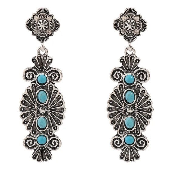 NEW Vintage Inspired Faux Turquoise Cowgirl Geometric Punchy Dangle Drop Earring - Picture 1 of 2